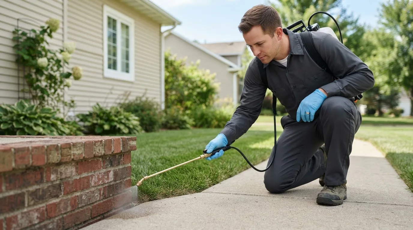 Pest control technician treating a home near Charleston, IL