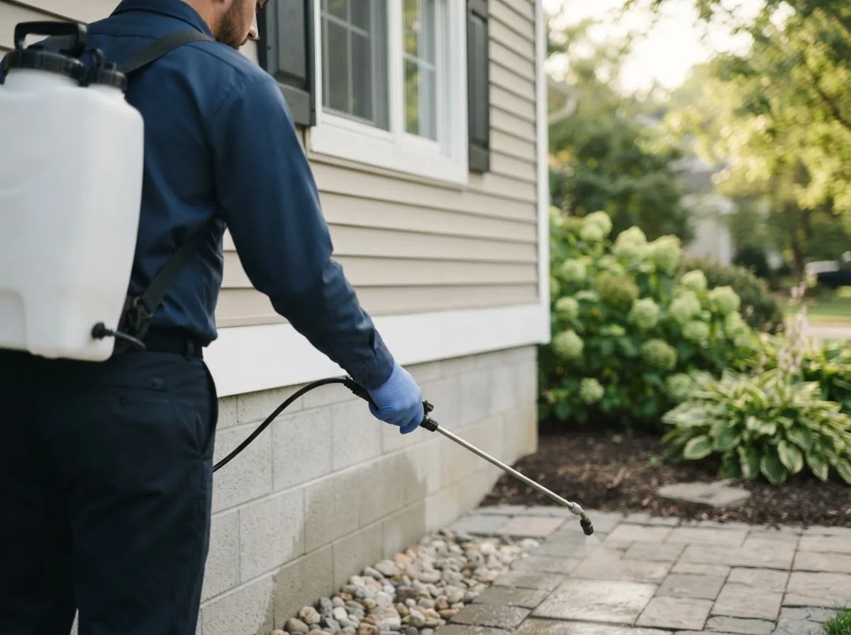 Pest control technician inspecting a home in Charleston, IL